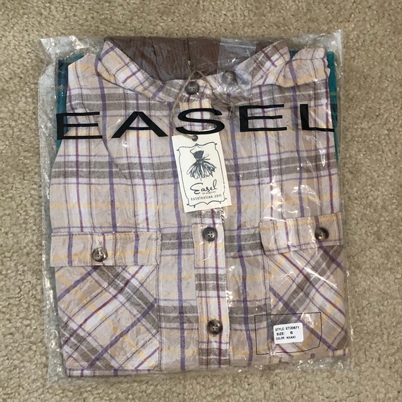 Easel Mix Plaid Button Down Oversized Thermal With Hood In Khaki. NWT! Sz S - Picture 10 of 11